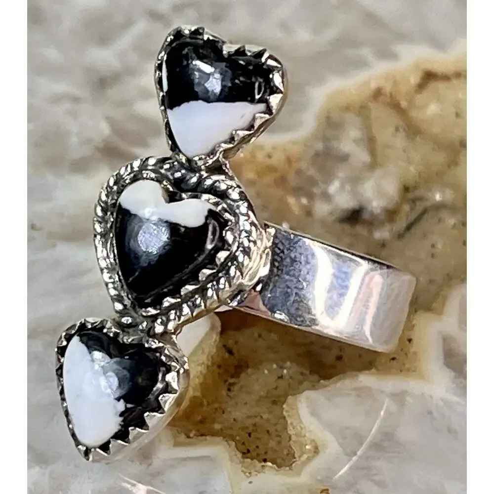 White Buffalo Turquoise Sterling Silver Stacked Hearts Adjustable Ring Southwest